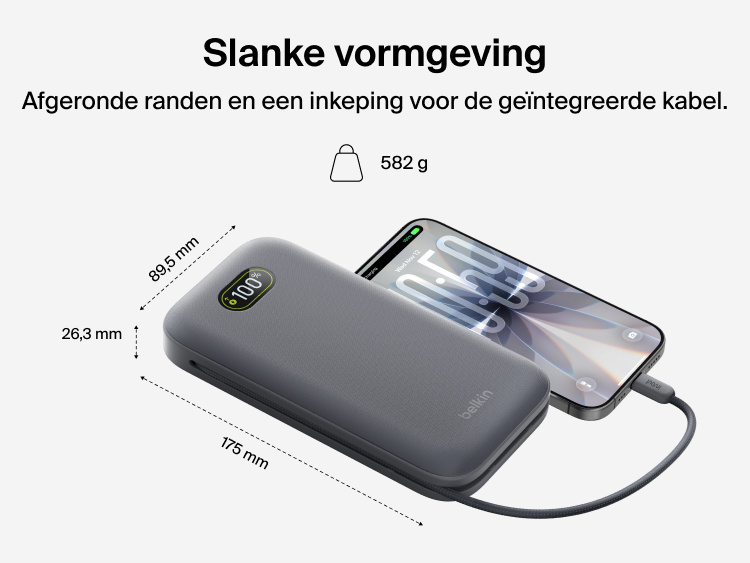 UltraCharge Pro Laptop Power Bank 27K with slim rounded design, integrated cable groove, and compact dimensions charging a smartphone