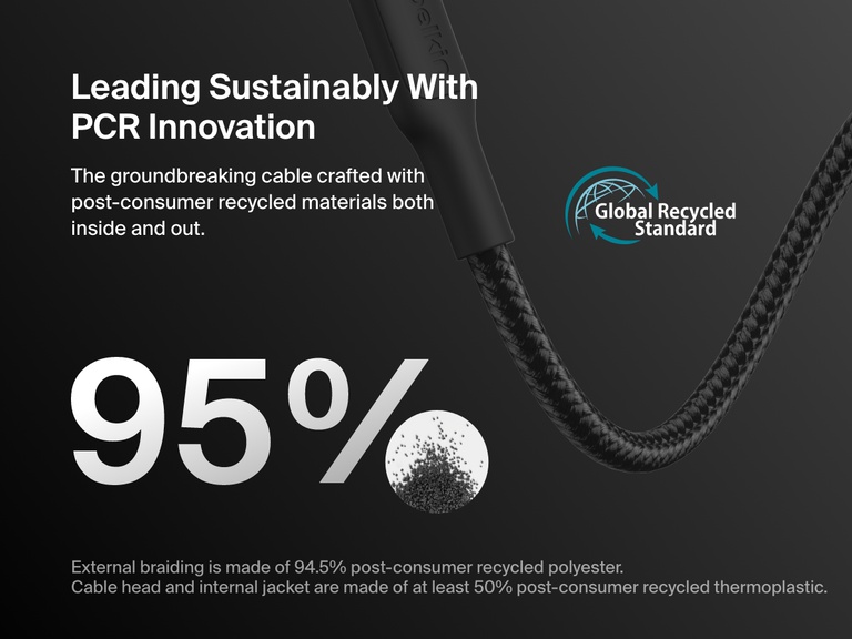 Belkin BoostCharge Pro USB-C to USB-C Braided Cable 240W shown with sustainability callouts highlighting 95% recycled materials and Global Recycled Standard certification.