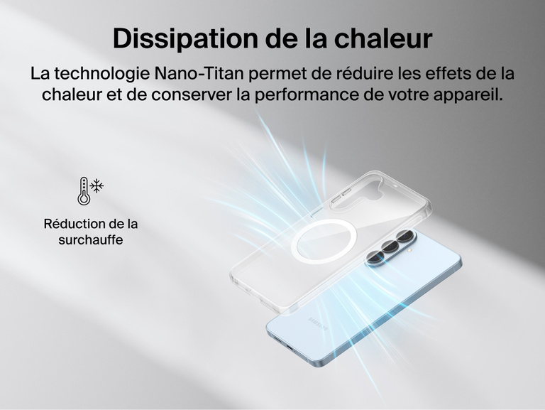 Belkin SheerForce Clear Series Case for Samsung Galaxy S26 shown with Nano-Titan technology supporting heat dissipation to minimize overheating while maintaining a slim, lightweight protective design.