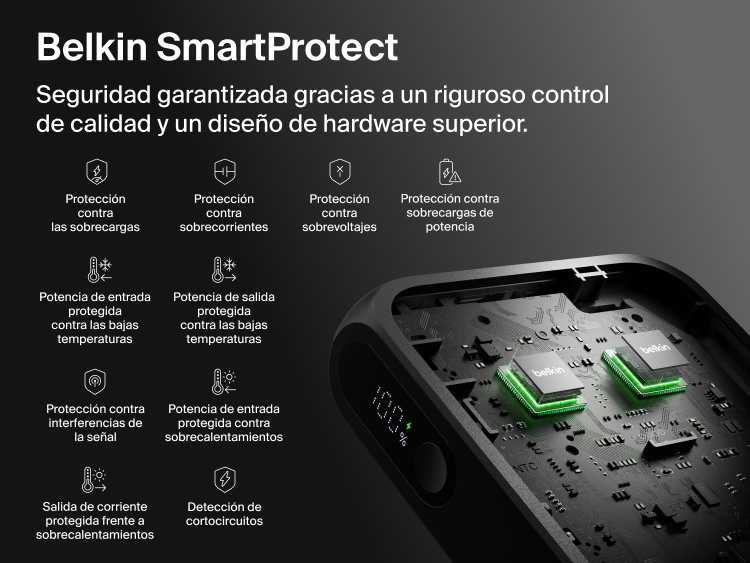Belkin UltraCharge 10K power bank with integrated USB-C cable and digital display featuring SmartProtect safety system with multiple protection layers for reliable charging
