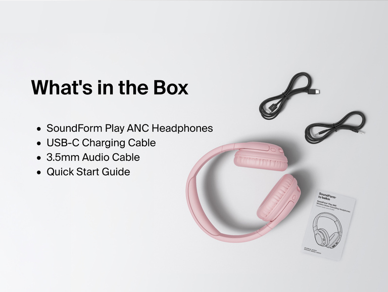 SoundForm Play Active Noise Cancelling Headphones for Kids packaging contents laid out, including the headphones, USB-C charging cable, 3.5mm audio cable, and quick start guide