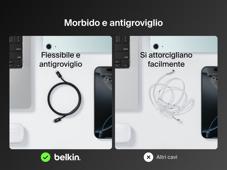 Confronto affiancato che mostra la flessibilità e la resistenza ai grovigli del cavo da USB-C a USB-C da 240 W Belkin BoostCharge, rispetto ai cavi standard che si attorcigliano facilmente.