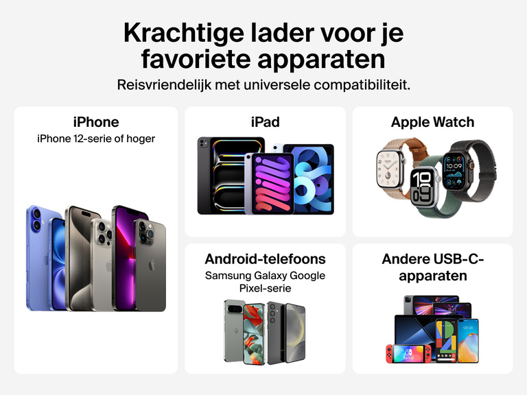 De Belkin BoostCharge Pro 10.000mAh-powerbank met Apple Watch-lader biedt universele compatibiliteit met iPhone, iPad, Android-telefoons, Apple Watch en andere USB-C-apparaten.