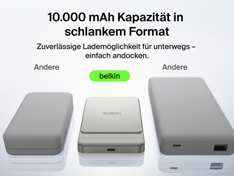 Belkin UltraCharge Slim Magnetic Power Bank 10K highlighting premium aluminum finish, ergonomic grip, soft-touch magnetic surface, digital display, and portable wireless charging design