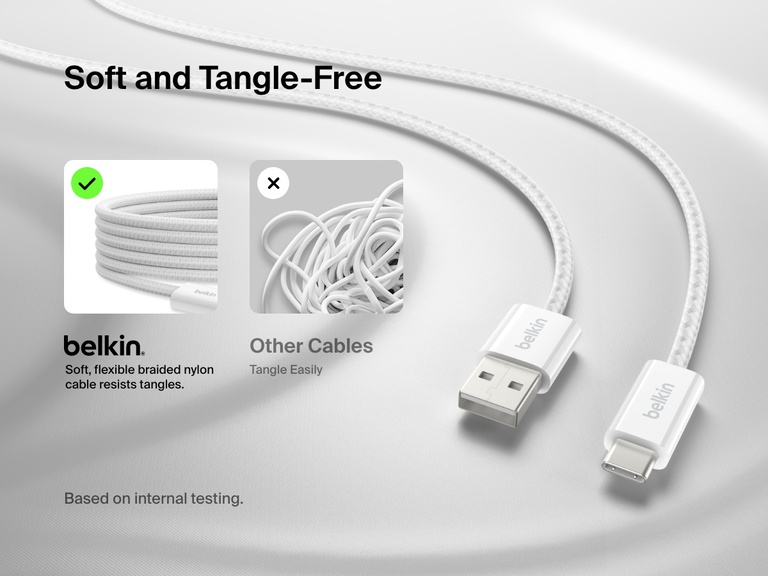 Image of the Belkin BoostCharge USB-A to USB-C Cable 15W featuring a soft, flexible braided nylon exterior designed to resist tangles and provide hassle-free use.