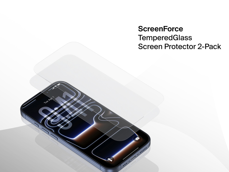 Belkin ScreenForce TemperedGlass Screen Protector 2-Pack shown on iPhone, delivering durable scratch and impact protection with crystal-clear display clarity.
