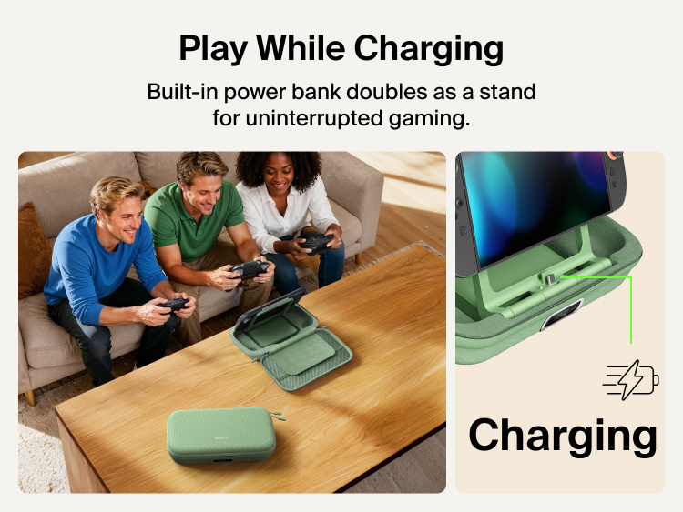 Belkin Gaming Charging Case Pro for Nintendo Switch 2 shown playing while charging with built-in power bank stand enabling uninterrupted tabletop gameplay.