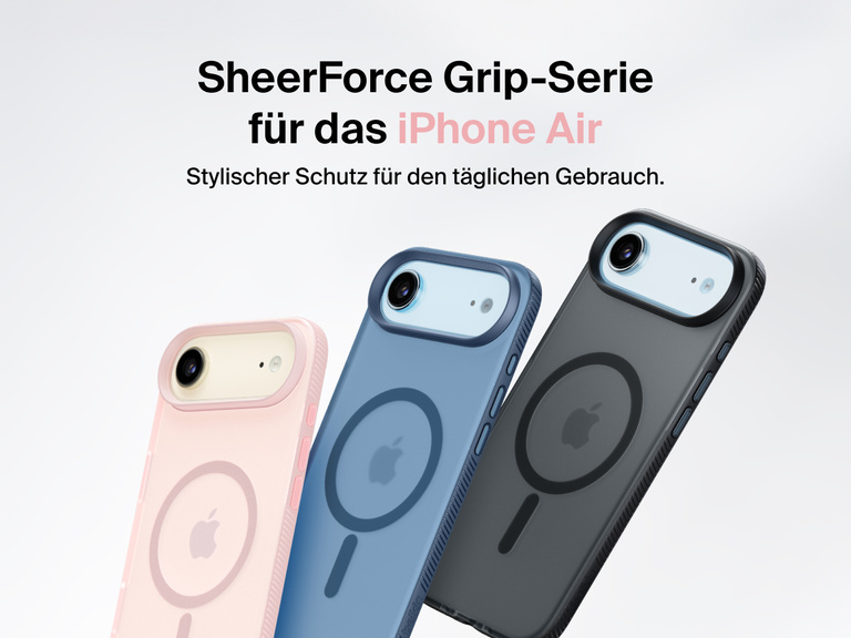 Belkin SheerForce Grip Series protective case for iPhone 17 shown in pink, clear, and black with slim design and MagSafe compatibility.