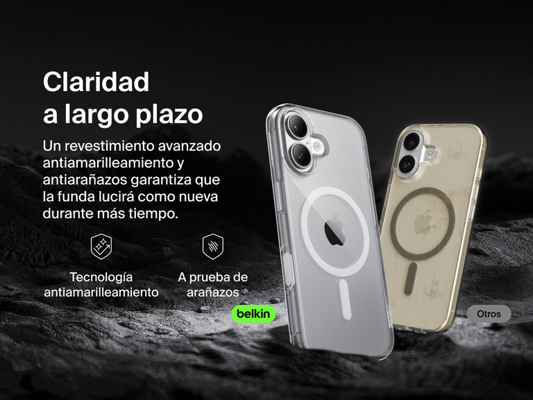 Belkin SheerForce Clear Series Case for iPhone 17 with anti-yellowing and scratch-resistant technology compared to discolored generic case.