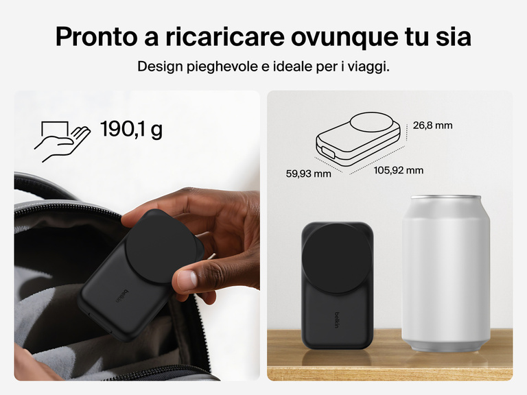 Il caricabatteria magnetico pieghevole 3 in 1 con Qi2 da 25 W Belkin UltraCharge vanta un peso di soli 190,1 grammi e un design compatto e portatile, ideale per il trasporto durante i viaggi.