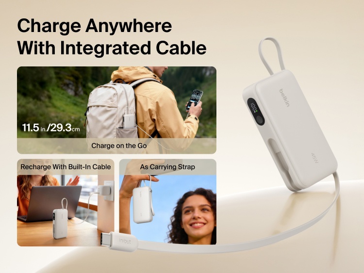 Belkin UltraCharge 10K power bank with integrated USB-C cable and digital display designed for portable charging, recharging, and convenient carry on the go