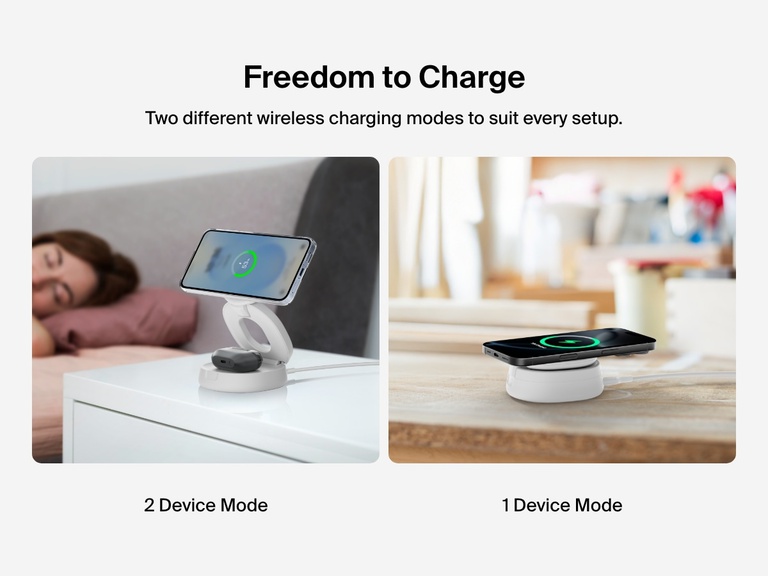 Belkin BoostCharge 2-in-1 Convertible Magnetic Charging Stand with Qi2 15W offers dual-device and single-device wireless charging modes for flexible use at home or on the go.