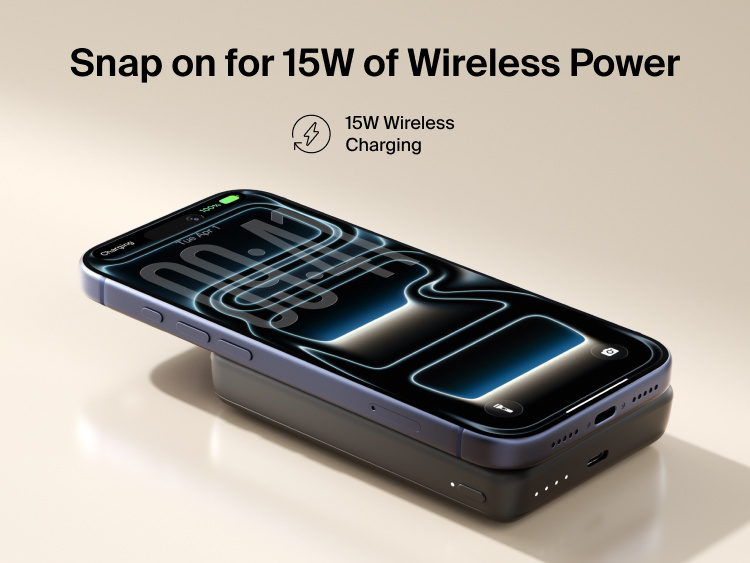 Slim Magnetic Power Bank 10K with Qi2 magnetically attached beneath smartphone demonstrating wireless charging connection