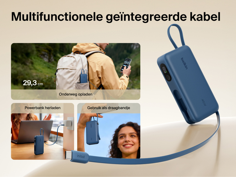 Belkin UltraCharge 10K power bank with integrated USB-C cable and digital display designed for portable charging, recharging, and convenient carry on the go