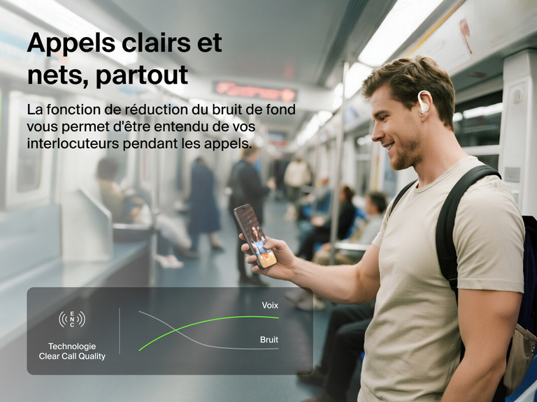 Belkin SoundForm ActiveFit Wireless Earbuds with clear call quality technology and built-in noise reduction, shown on a commuter using them on a subway train.