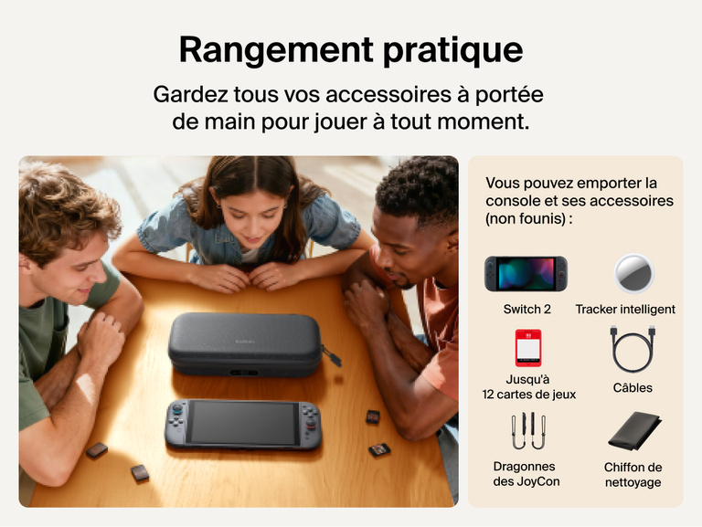 Belkin Gaming Charging Case Pro for Nintendo Switch 2 shown storing the console, game cards, cables, and accessories for organized, game-ready portability.