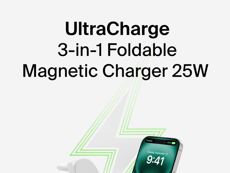 Belkin UltraCharge 3-in-1 Foldable Magnetic Charger with Qi2 25W shown charging an iPhone, with a green lightning bolt graphic in the background.