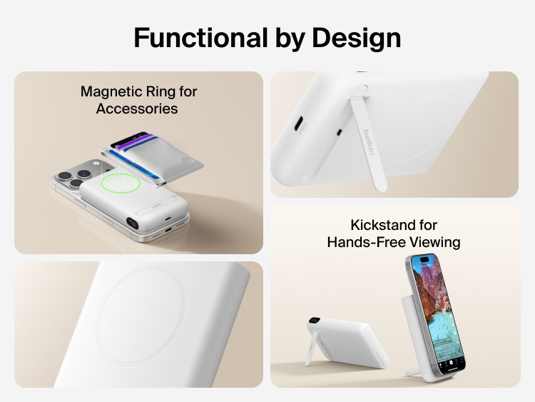 Belkin UltraCharge Pro Power Bank 10K with magnetic ring shown with accessory attachment support and an integrated kickstand for secure mounting and hands-free phone viewing.