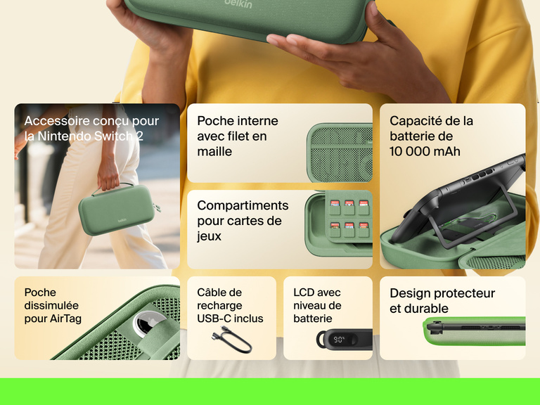 Infographic showcasing the Belkin Gaming Charging Case for Nintendo Switch 2 with features like 10,000 mAh power capacity, game card storage sleeve, USB-C cable, LCD battery indicator, mesh pocket, hidden AirTag pocket, and a durable, protective design.