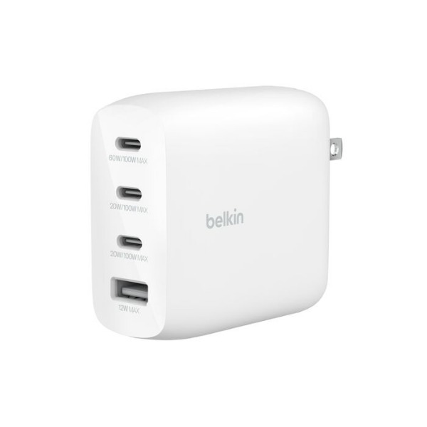 A white Belkin wall charger featuring three USB-C ports and one USB-A port on the front, each labeled with its maximum output. The charger has a smooth, rounded design with foldable prongs on the side.