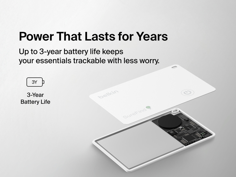 Belkin SureFind Card Bluetooth tracker features up to 3 years of battery life, shown in an exploded view revealing its internal components.