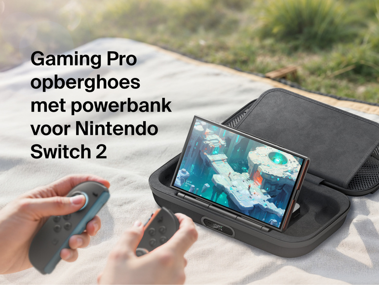 Belkin Gaming Charging Case Pro for Nintendo Switch 2 shown powering the console during outdoor gameplay with built-in charging and protective travel design.
