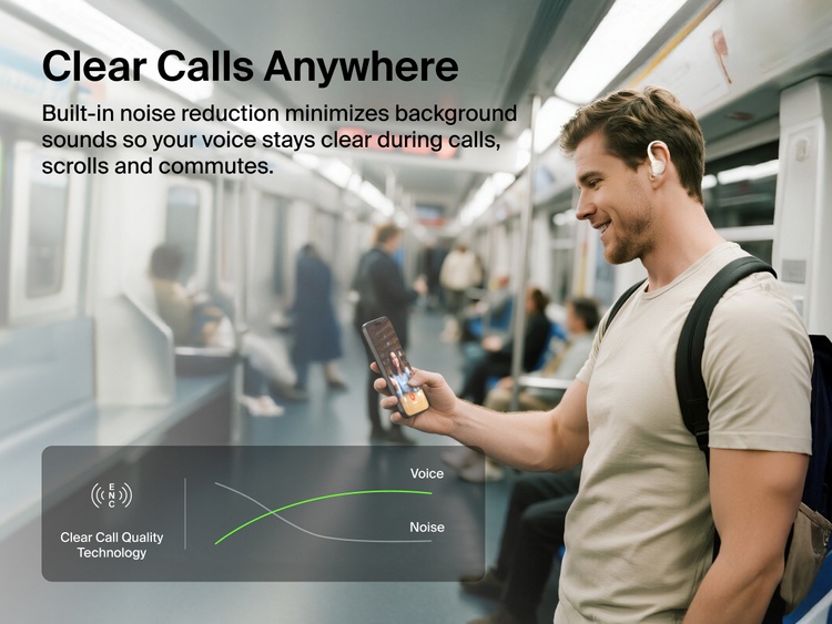 Belkin SoundForm ActiveFit Wireless Earbuds with clear call quality technology and built-in noise reduction, shown on a commuter using them on a subway train.