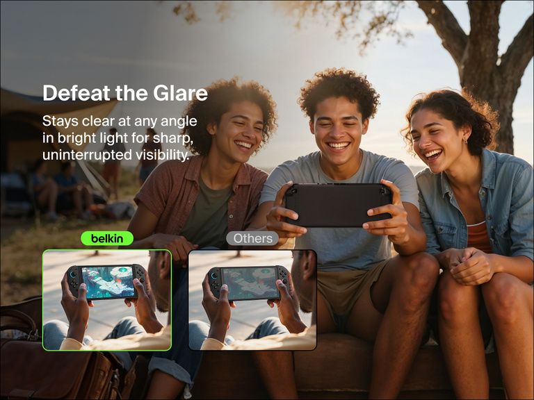Three friends laugh and enjoy gaming outdoors at a campsite during daylight. On the left, a comparison between a Nintendo Switch 2 with a Belkin anti-reflective screen protector and one with a generic protector shows the Belkin screen as clear and vivid, while the other has glare. Text above reads "Defeat the Glare" with a subheading: "Stays clear at any angle in bright light for sharp, uninterrupted visibility."
