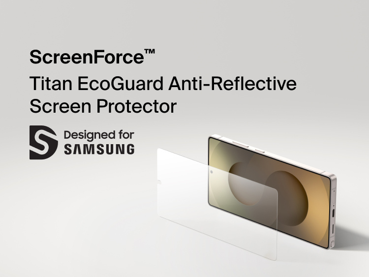 Belkin ScreenForce Titan EcoGuard Anti-Reflective Screen Protector for Samsung Galaxy S26 shown applied to a smartphone display, designed to reduce glare, resist scratches, and provide durable everyday screen protection.