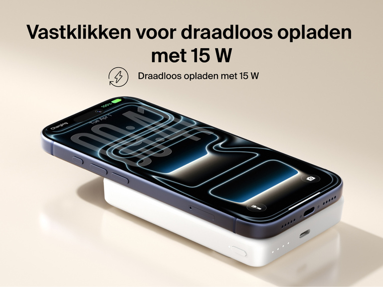 Slim Magnetic Power Bank 10K with Qi2 magnetically attached to smartphone demonstrating wireless charging capability