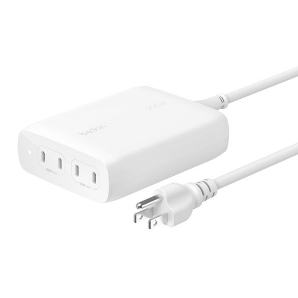 A white Belkin charging hub with four USB-C ports on the front and an attached power cord. The compact rectangular unit has rounded edges and a smooth finish.