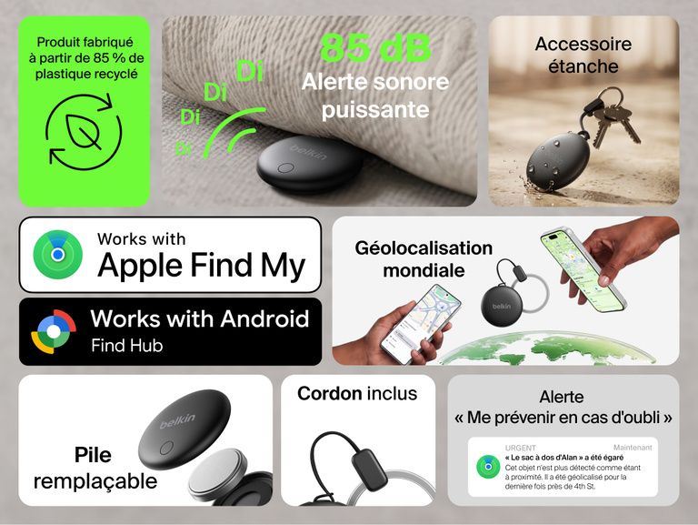 Image du tracker Belkin SureFind Spot et de ses caract&eacute;ristiques comme sa compatibilit&eacute; avec Apple&nbsp;Find&nbsp;My et Google&nbsp;Find&nbsp;Hub, sa g&eacute;olocalisation mondiale, son alerte sonore de 85&nbsp;dB, sa batterie rempla&ccedil;able, son &eacute;tanch&eacute;it&eacute; et sa dragonne.