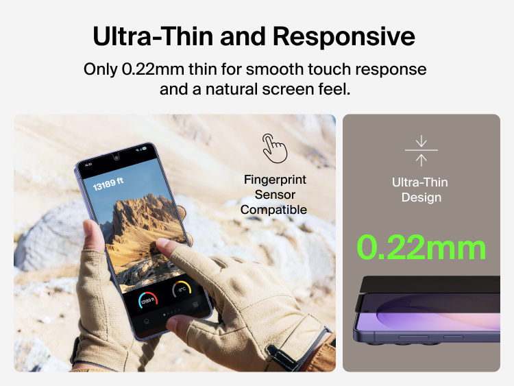 Belkin ScreenForce Titan EcoGuard Privacy Filter Screen Protector for Samsung Galaxy S26 shown with an ultra-thin 0.22 mm design that maintains smooth touch response and fingerprint sensor compatibility.