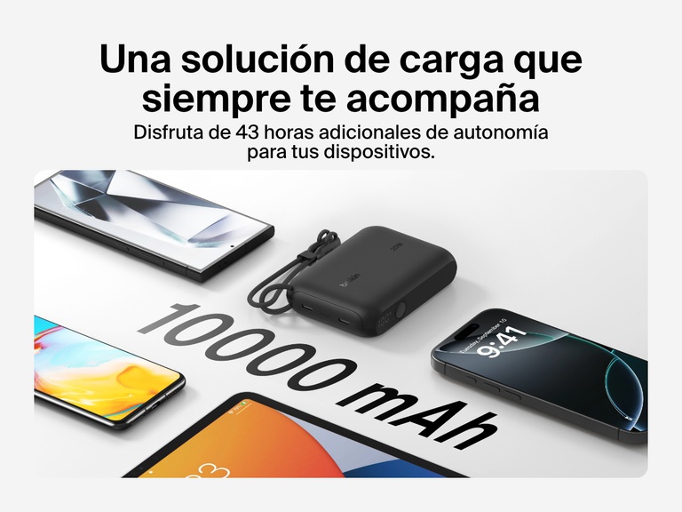 Se exhibe la batería externa 10K con pantalla BoostCharge de Belkin rodeada de múltiples dispositivos, resaltando sus 10 000 mAh de capacidad y su capacidad para proporcionar hasta 43 horas adicionales de autonomía sobre la marcha en cualquier parte.
