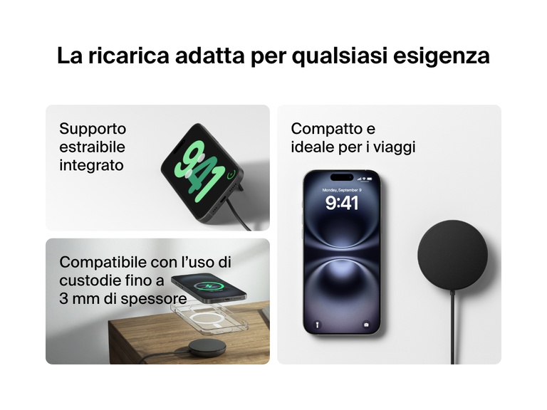 I diversi usi di un tappetino di ricarica wireless magnetica con Qi2 da 15 W BoostCharge Pro Belkin di colore nero, con supporto integrato estraibile, design compatto ideale per i viaggi e compatibilità con l'uso di custodie con spessore fino a 3 mm.