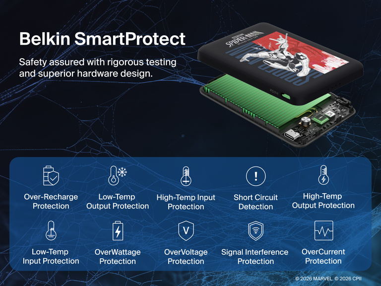 Belkin BoostCharge Slim Magnetic Power Bank 5K shown with internal components highlighting Belkin SmartProtect technology for safety features like overcharge, overcurrent, and temperature protection.