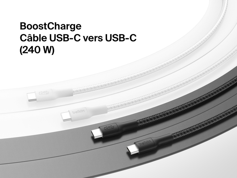 Flat lay of two black and two white Belkin BoostCharge Pro USB-C to USB-C Braided Cables 240W coiled on a gradient background with product name displayed in black text.