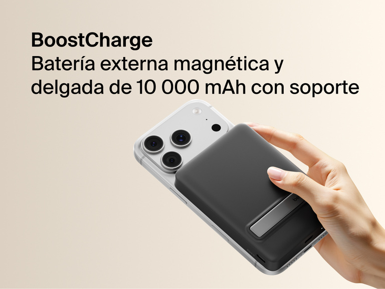 Slim Magnetic Power Bank 10K with Qi2 magnetically attached to smartphone showing integrated kickstand and handheld use