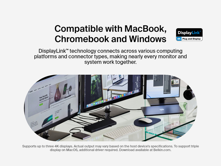 The Belkin Connect Universal USB-C Triple Display Dock is shown connected to three monitors and a MacBook, emphasizing DisplayLink technology compatibility with MacBook, Chromebook, and Windows devices.