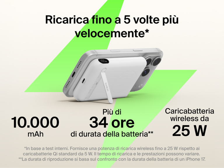 Belkin UltraCharge Pro Power Bank 10K with magnetic ring attached to a smartphone, highlighting up to 25W wireless fast charging, 10,000 mAh capacity, extended battery life, and built-in kickstand for hands-free use.