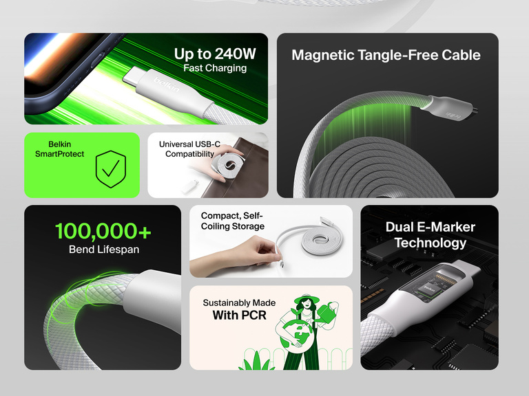 Feature overview highlighting Belkin BoostCharge Pro Magnetic USB-C Cable 240W with up to 240W fast charging, magnetic tangle-free design, 100,000+ bend lifespan, dual E-Marker technology, universal USB-C compatibility, and compact self-coiling storage.