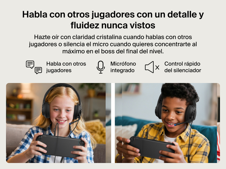Dos niños usando los auriculares para niños Inspire con micrófono y cable de Belkin Gaming para Nintendo Switch 2, destacando el micrófono integrado, su idoneidad para hablar durante las partidas y el control rápido del silenciador para optimizar la comunicación con otros jugadores.  