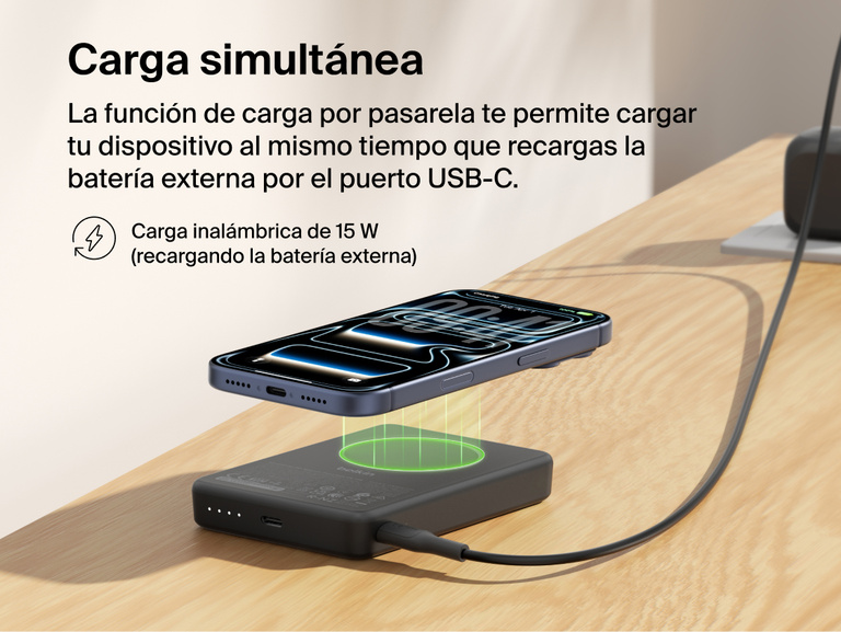 Slim Magnetic Power Bank 10K with Qi2 wirelessly charging smartphone while recharging via USB-C pass-through charging