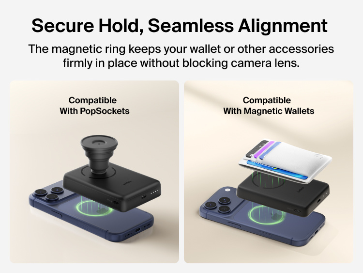 Slim Magnetic Power Bank 10K with Qi2 magnetically attached to smartphone demonstrating secure alignment and compatibility with PopSockets and magnetic wallet accessories