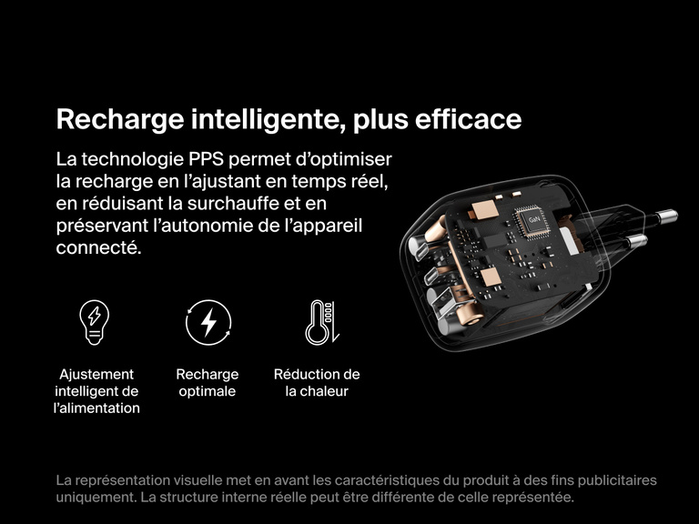 BoostCharge Pro 3-Port GaN Wall Charger 70W shown with simulated internal view, highlighting PPS technology for smart power adjustment, reduced heat, and efficient charging.