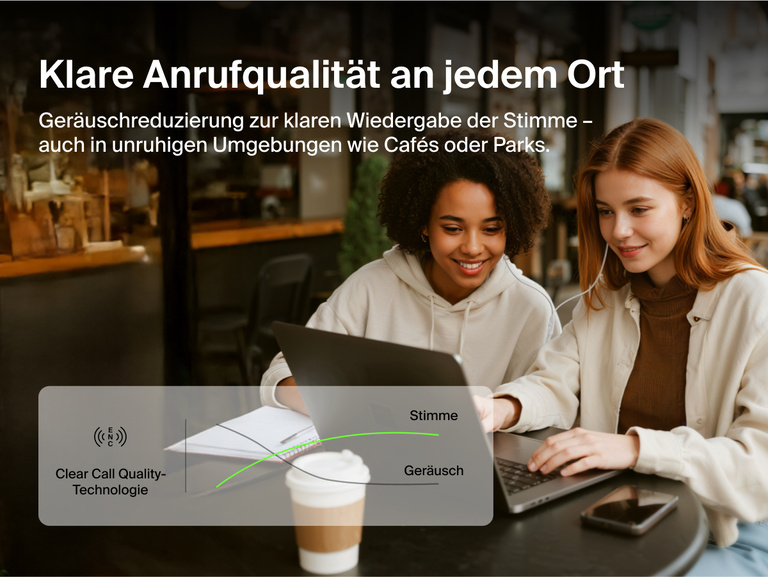 Belkin SoundForm ANC Wired Earbuds with USB-C® feature built-in noise reduction for clear call quality in busy environments like cafes or parks.