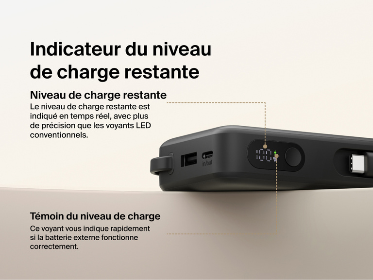 Belkin UltraCharge 10K power bank with integrated USB-C cable and digital display showing real-time battery percentage and charging status