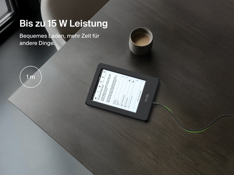 Top-down view of a Kindle charging with the Belkin BoostCharge USB-C to Micro-USB Braided Cable 15W, emphasizing 1-meter length and up to 15W charging speed.