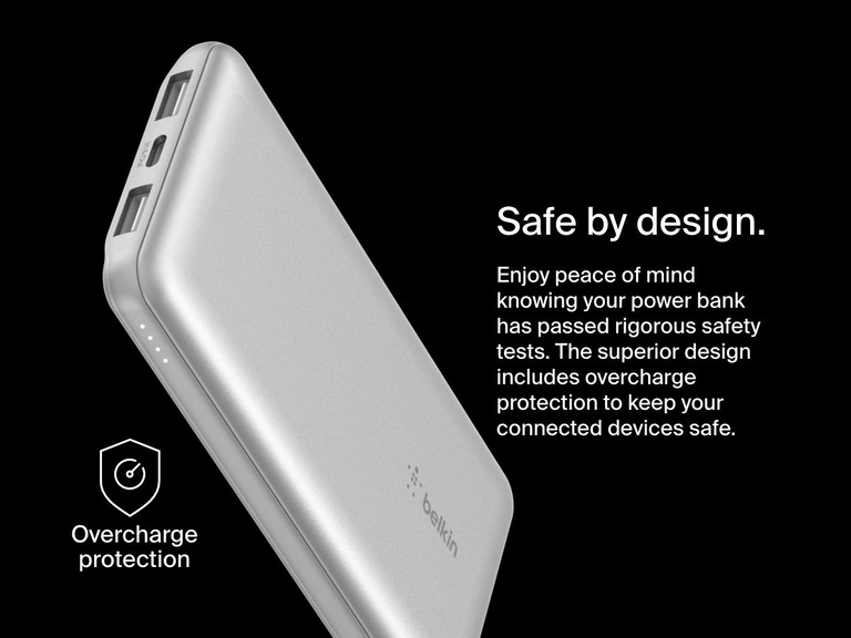 A silver Belkin BoostCharge Power Bank 10K is shown with LED indicators and dual USB ports, highlighting its overcharge protection and safety-tested design for reliable device charging.