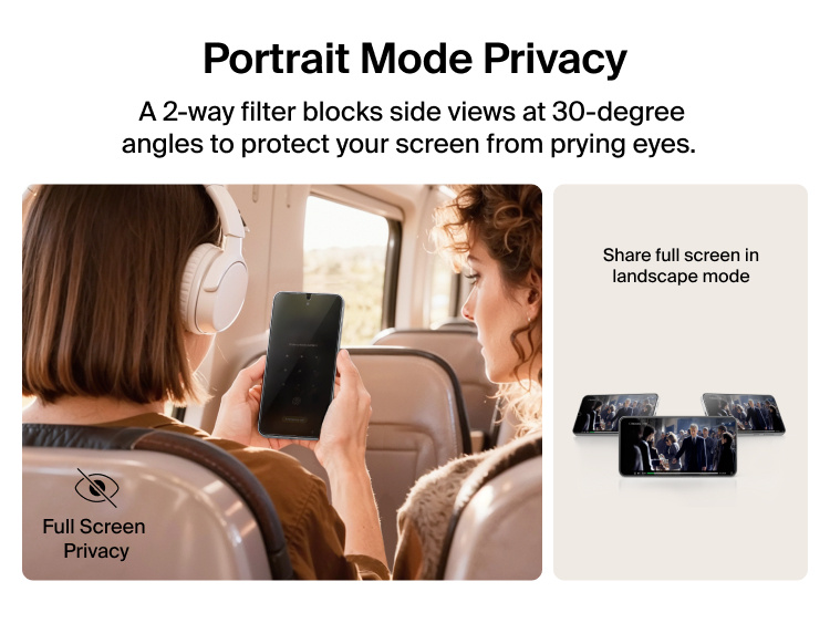 Belkin ScreenForce Titan EcoGuard Privacy Filter Screen Protector for Samsung Galaxy S26 shown providing portrait mode privacy with a 2-way filter that blocks side views at 30-degree angles while allowing full-screen sharing in landscape mode.